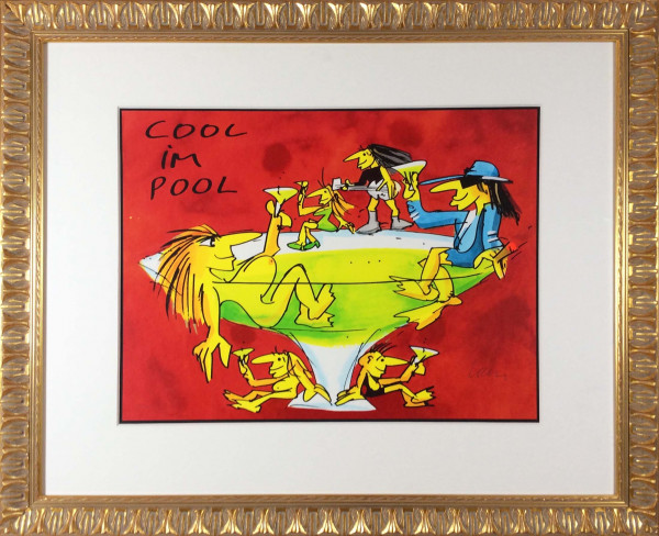 Cool im Pool im modern Nostalgie Goldrahmen, Passepartout weiß
